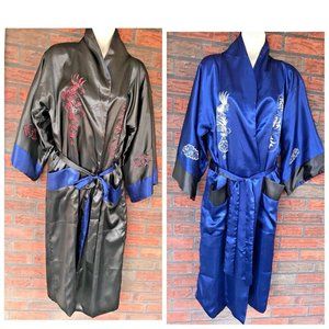 Kimono One Size Reversible Blue Black Satin Full